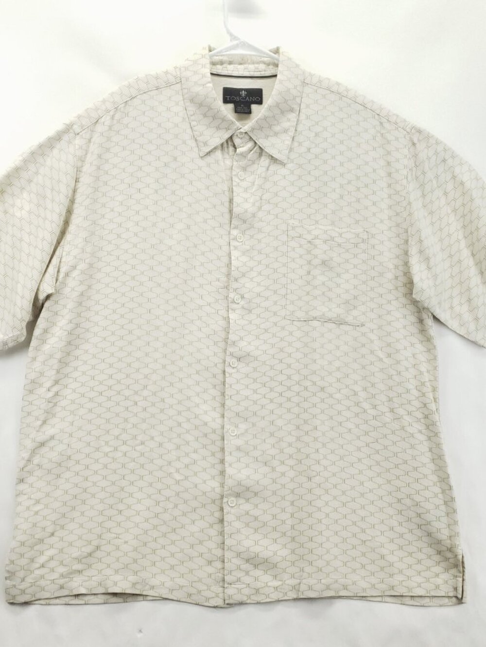 Toscano Shirt Mens XL Beige Geometric 100% Silk Short Sleeve Classic Button-Up